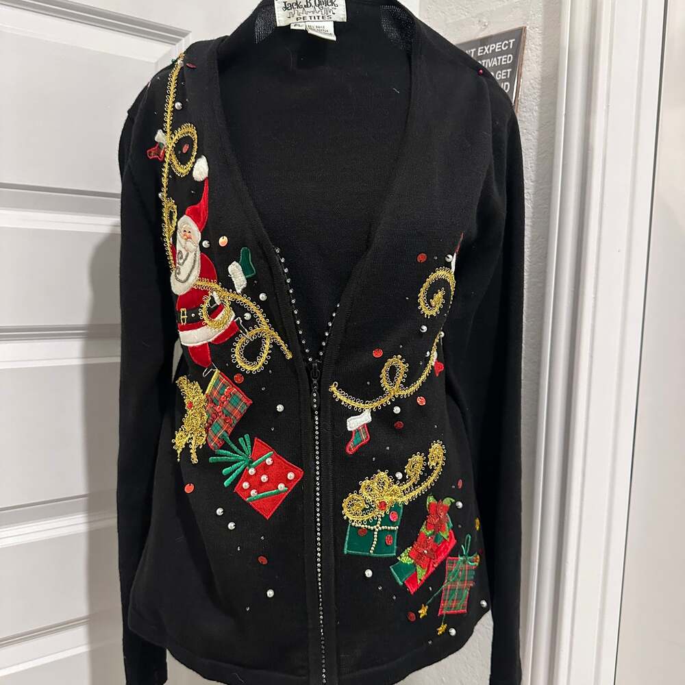 Vintage Jack B Quick Christmas Zip-Up Cardigan Sweater with Santa and Presents